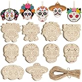 80PCS Wooden Day of The Dead Skull Ornaments to Paint Dia De Los Muertos Decorations Crafts for Kids, Halloween Decorations DIY Blank Sugar Skull Unfinished Mexican Fiesta Cutouts for Party Hanging