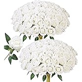HyeFlora 50 PCS White Roses Artificial Flowers, Fake Roses with Stems Realistic Silk Roses for DIY Wedding Bouquets Tables Centerpieces Arrangements Party Baby Shower Birthday Home Decor Gift for Her