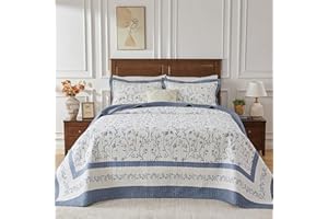 CozyStitch Oversized King Bedspread 128"x120" - 100% Cotton Lightweight All-Season Quilted Coverlet with Vine Floral Design - Elegant Farmhouse & Modern Bedding - Oversized King Plus Quilt Blue/White