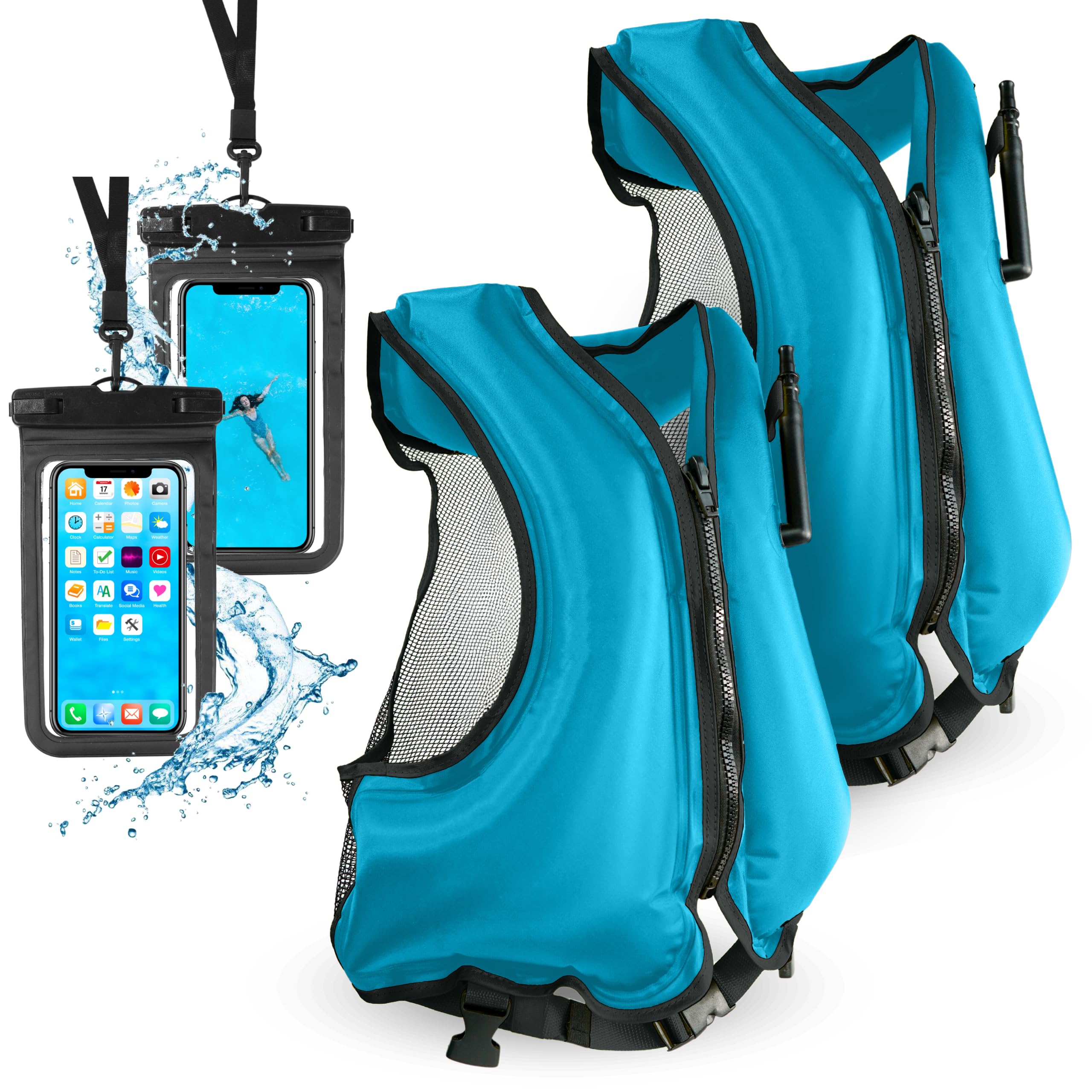 Photo 1 of 2 Inflatable Snorkel Vests for Adults with 2 Waterproof Phone Cases – Adjustable Snorkeling Vests – 68-220 lbs – Kayaking, Swimming, Paddle Boarding