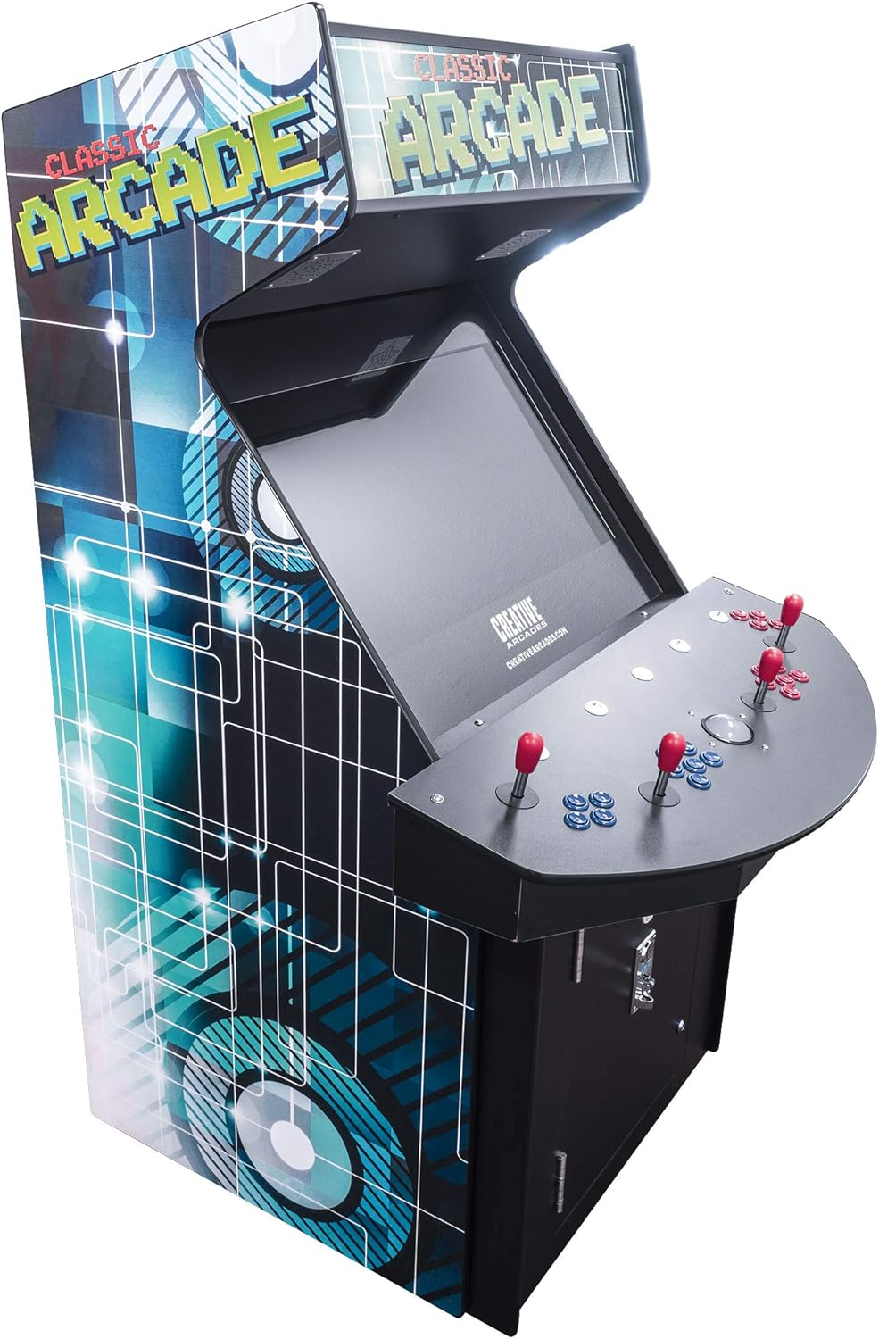 Amazon Com Creative Arcades Full Size Commercial Grade Cabinet Arcade Machine Trackball 3500 Classic Games 4 Sanwa Joysticks 2 Stools Included 32 Screen 3 Year Warranty Toys Games