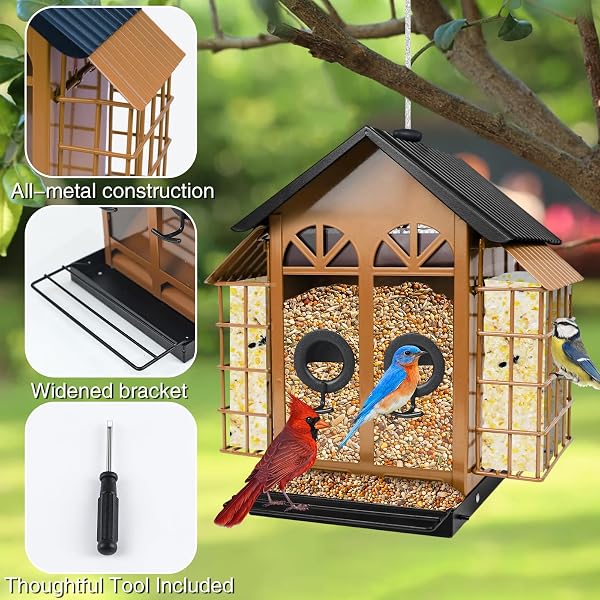 TAYEPIN BIRD FEEDERS FOR OUTDOORS HANGING, METAL WILD BIRD FEEDERS WITH DOUBLE SUET CAGE, 4LBS LARGE CAPACITY FOR OUTSIDE GARDEN WATERPROOF, LDEAL GIFTS FOR BIRDS FEEDING FINCH CARDINAL, BROWN