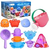 DRAMATION 9 PCS Baby Bath Toys for Kids Ages 1-3, Pour, Scoop &amp; Stack | Toddler Bath Toys, Quick-Dry Design, Watering Can, 3 No-Hole Sea Animals, Stacking Cups &amp; Mesh Bag, Bath &amp; Water Table Toys