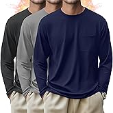 Evervibe 3 Pack Men's Big and Tall Long Sleeve Shirts Thermal Pocket T-Shirt Crew Neck Fleece Top Slim Fit Casual Tee