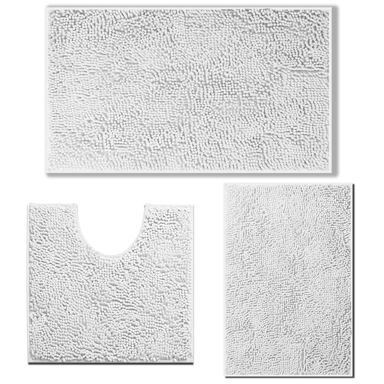 RUN HELIX Ultra Soft Chenille Bath Mat Non Slip, Bath Mat Set 3 Piece, Shaggy Bathroom Mats, Absorbent Bath Mats for Bathroom, Fluffy Bathrooms Mat Set with U-Shaped Toilet Rug (White)