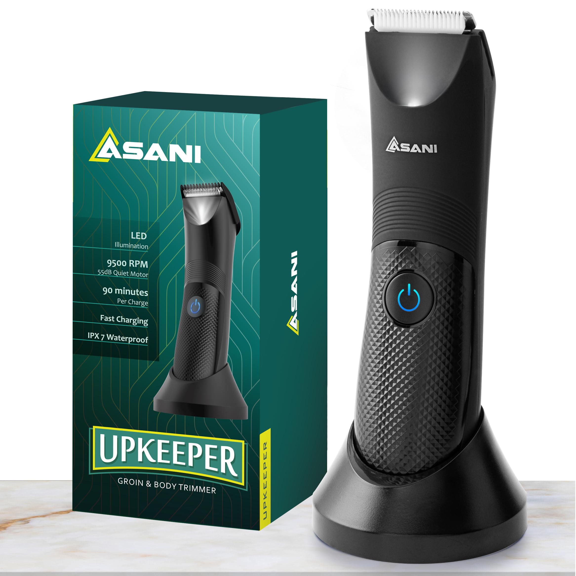 Asani Upkeeper Men's Body Hair Trimmer - Rechargeable Grooming Tool with Ceramic Blade, LED Light, Waterproof Design, Electric Shaver for Wet/Dry Use, Ideal for Chest, Back, Groin Hair Care