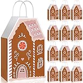 Kolldenn 24 Pcs Christmas Gingerbread House Gift Bags with Handles House Gingerbread Shaped Treat Candy Goodies Paper Bags Bulk Winter Snow Wrapping Paper for Christmas Holiday Party Favor (Pink)