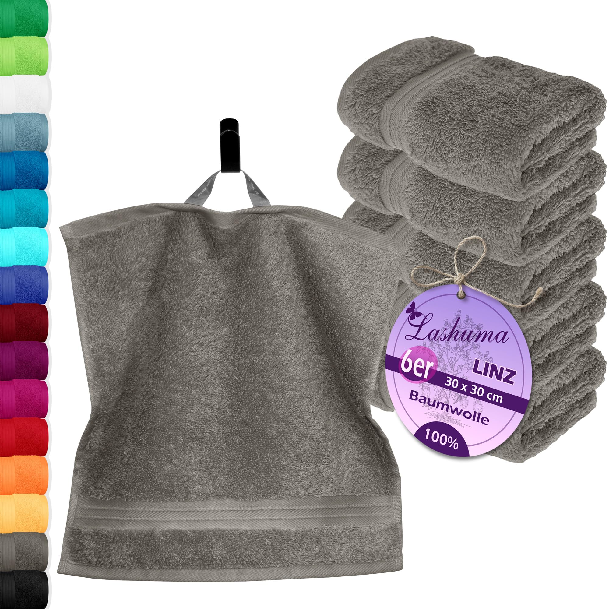 Lashuma® Towel Series – Available in 16 Colours and 6 SizesFace Cloth/Guest Towel/Hand Towel, Bath Towel, Shower Towel/Sauna Towel, 100% Cotton, dark grey, 6er 30x30 cm