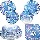 180PCS Winter Snowflake Party Supplies – Blue and Purple Snowflake Paper Plates and Napkins Set, Winter Wonderland Disposable Tableware for Frozen Christmas Holiday Birthday Party Supplies Decorations
