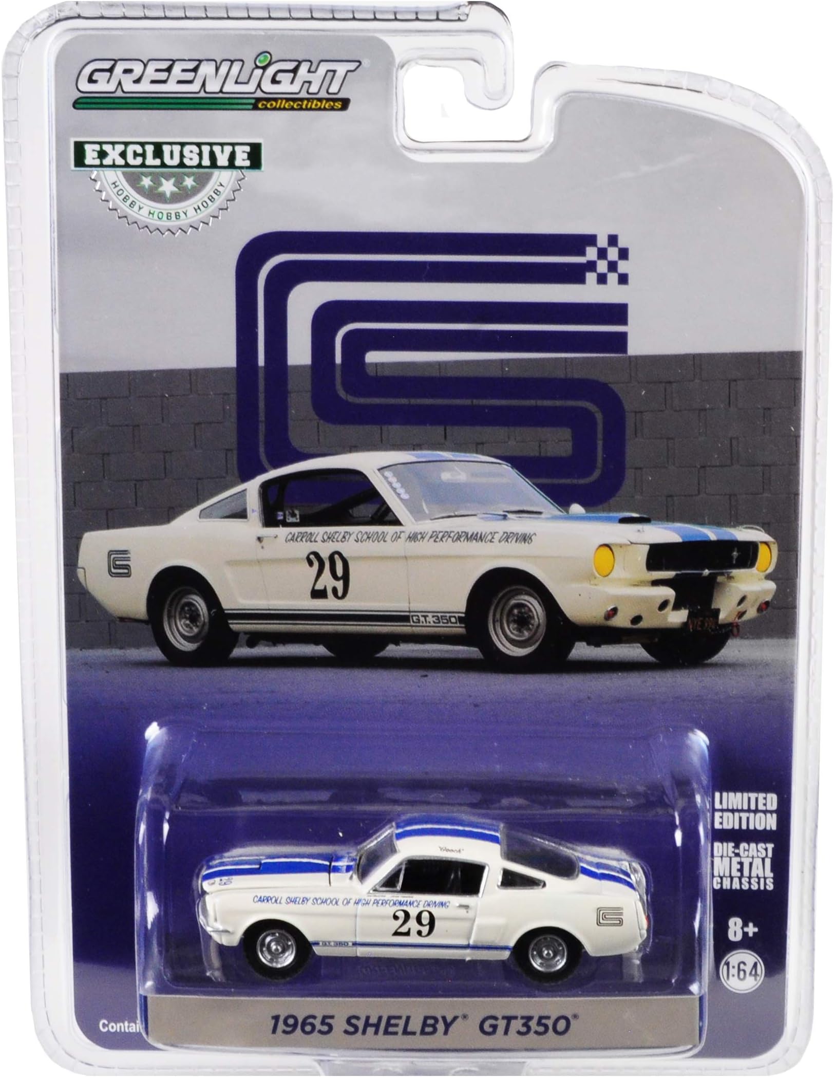 1965 Shelby GT350#29 White with Blue Stripes Carroll Shelby School of High Performance Driving 1/64 Diecast Model Car by Greenlight 30064