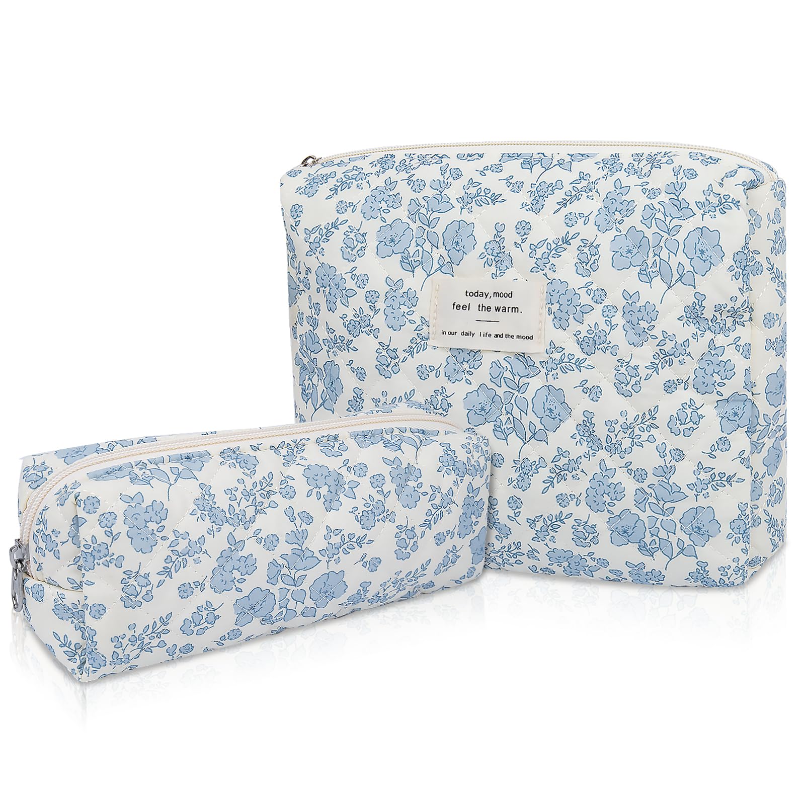 Photo 1 of 2PC Makeup Bag Set, Cute Cosmetic Bag for Women Girls, Floral Coquette Aesthetic Toiletry Bag, Travel Make Up Organizer Bag (Blue Floral)