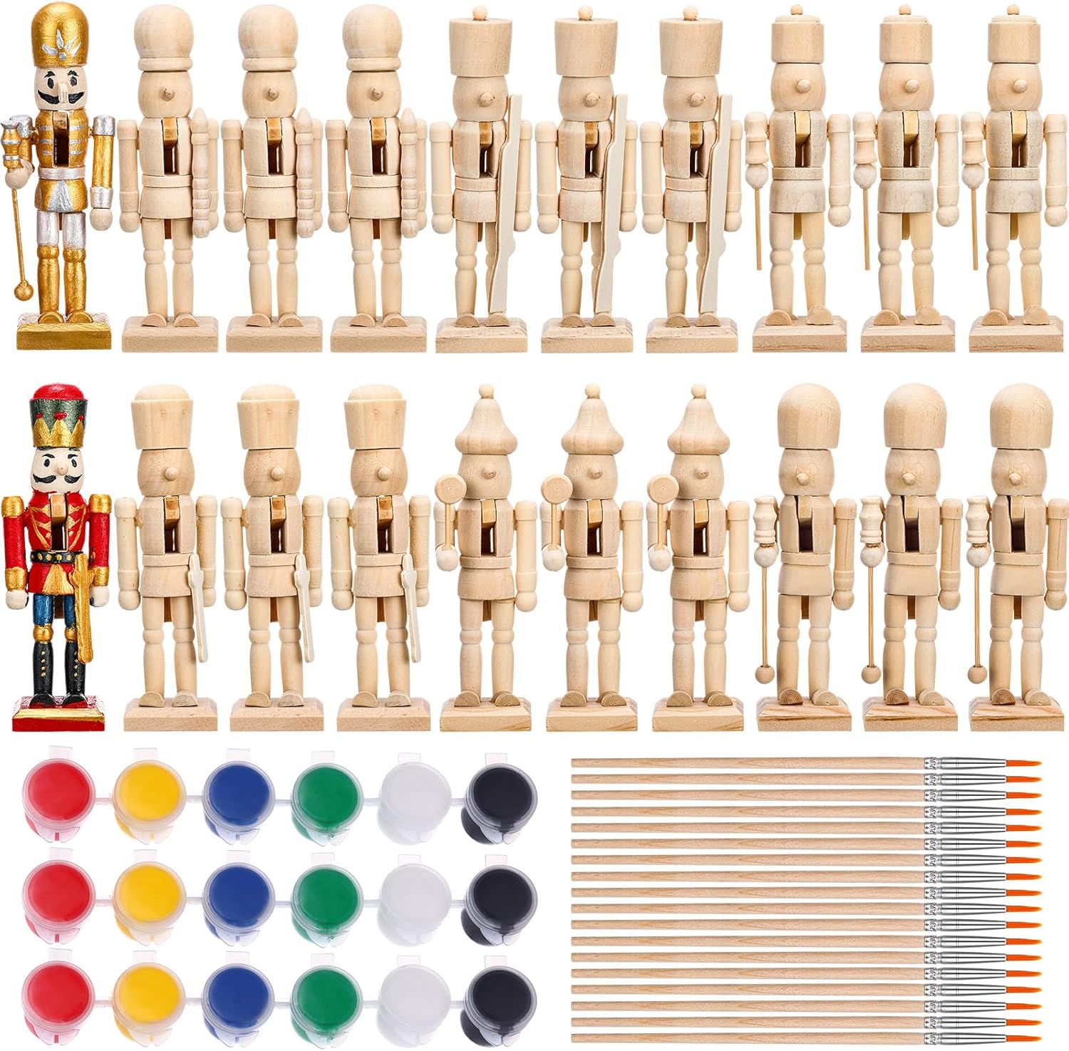 Nutcrackers - 57 Pcs Christmas Unfinished Nutcracker Figures Set Include 18 Wooden Unpainted Nutcracker Soldier Ornament with Paint Brushes Beards and Paint Strips for Xmas Blank DIY Puppet Craft Decor Kids Gift