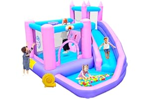 WELLFUNTIME Inflatable Bounce House with Slide, Kids Jumping Castle with Blower, Ball Pit, Climbing Wall, Dartboard, Basketball Hoop, 108x122x86 Inch