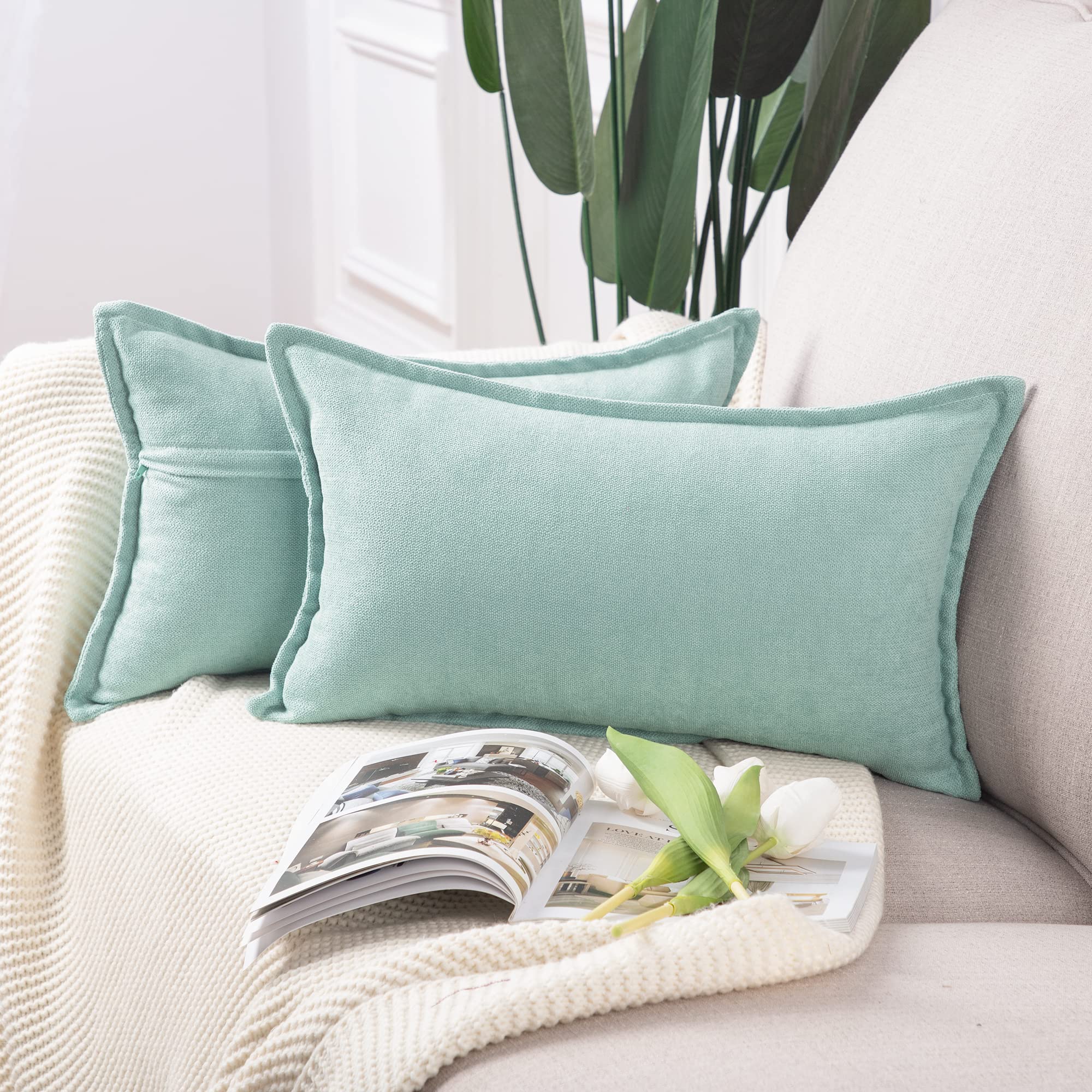 Madizz Set of 2 Short Chenille Throw Pillow Covers 12x20 Inch Light Teel Soft Decorative Cushion Cover for Sofa Bedroom Pillow Shell — image 1