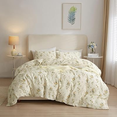 AMWAN Gelber botanischer Blumen-Bettbezug Queen Chic Garten Floral Bettwäsche-Sets Baumwolle Ästhetische Blumen Trösterbezug Vintage Blume Botanischer Bettbezug für Mädchen Frauen Cottagecore
