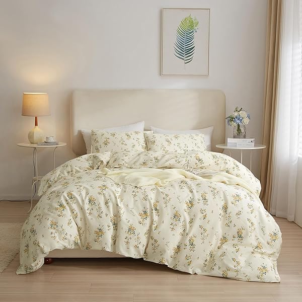 AMWAN Gelber botanischer Blumen-Bettbezug Queen Chic Garten Floral Bettwäsche-Sets Baumwolle Ästhetische Blumen Trösterbezug Vintage Blume Botanischer Bettbezug für Mädchen Frauen Cottagecore