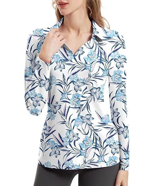 FKEEP WOMEN’S TENNIS GOLF SHIRT LONG SLEEVED TOP SPORT ACTIVEWEAR V-NECK WORKOUT ATHLETIC (BLUE FLOWERS, XL)