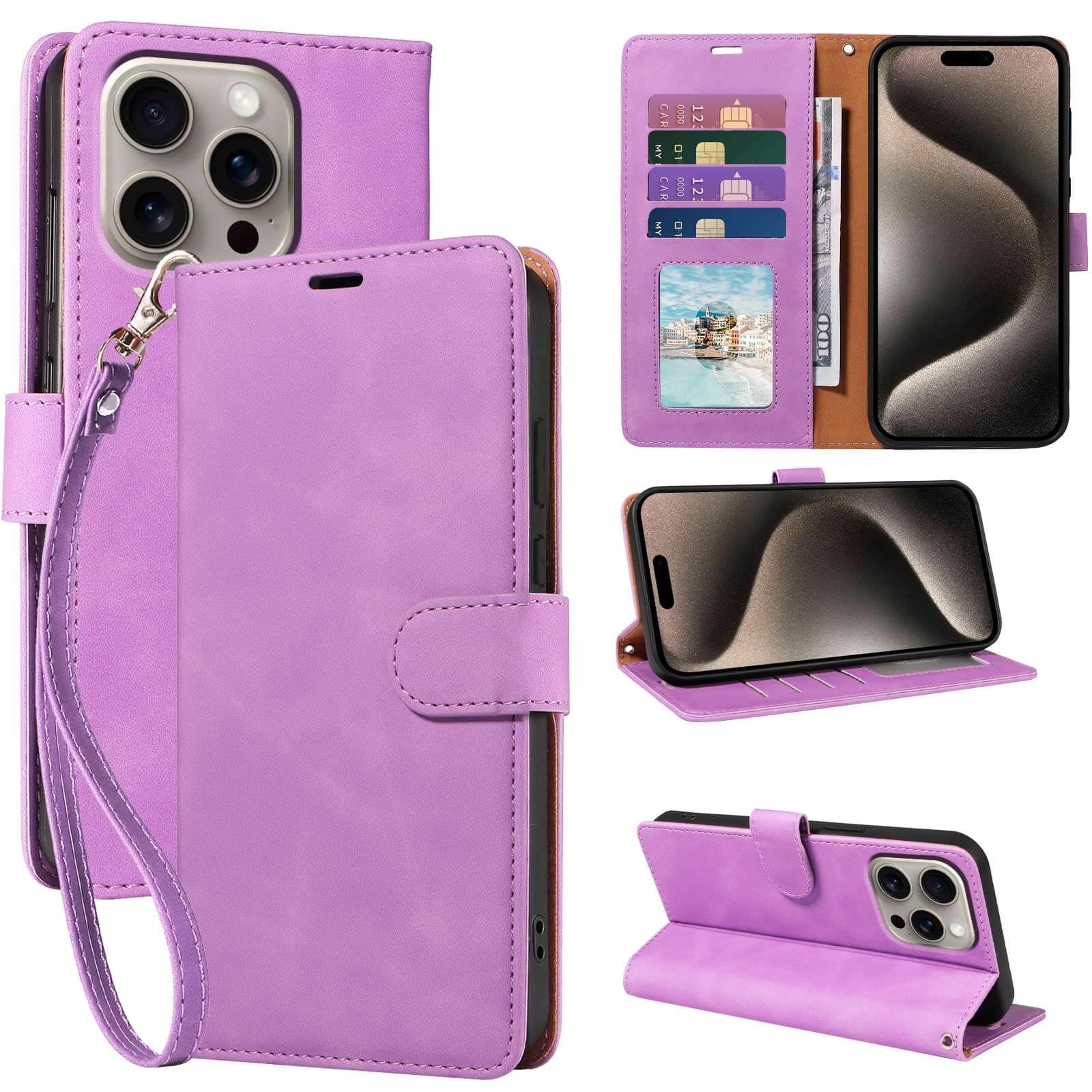 JHWVVTF Wallet Case for iPhone 15 Pro 6.1 inch, RFID Blocking 4 Card Slots Holder, Wrist Strap, Shockproof Protective Stand Soft Leather Folio Flip Phone Cover (Purple)