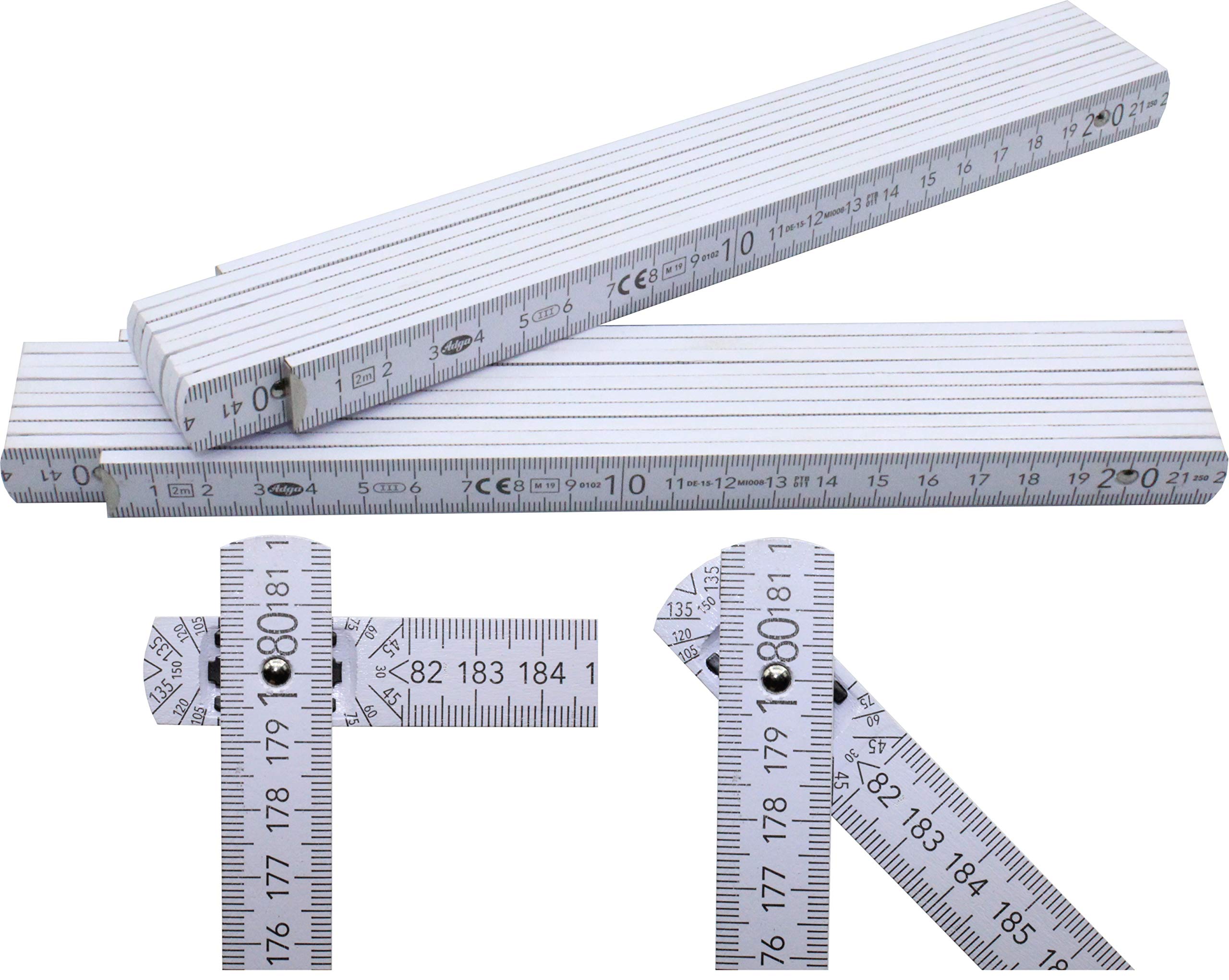 Adga 250 Folding Ruler 2 m with 90°/180° Angle Locking and Angle Scale (30°/45°/60°/75°/90°) – Adga 250 Plus Branded Folding Rule 2 m Made of Beech Wood – White without Advertising Print