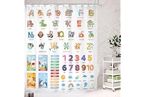 Cinbloo Cartoon Alphabet ABC Kids 60Wx72H Shower Curtain Cute Educational Animal Number Weather Season Bathroom Curtain Set Learning Bath Curtain Cloth Fabric Bathroom Accessories Decor with 12 Hooks