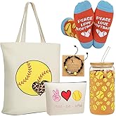 Chunful 6 Pcs Softball Gifts Set for Teen Girls & Women Team Essentials Accessories Include 16 oz Glass Jar Tumbler Canvas Tote and Makeup Bag Novelty Socks Bracelets for Softball Stuff Lover Coach