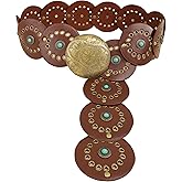 Bawnhaw Western Chunky Wide Disc Belt for Women Boho Hollow PU Leather Waist Cowgirl Belt for Dresses Jeans with Metal Buckle