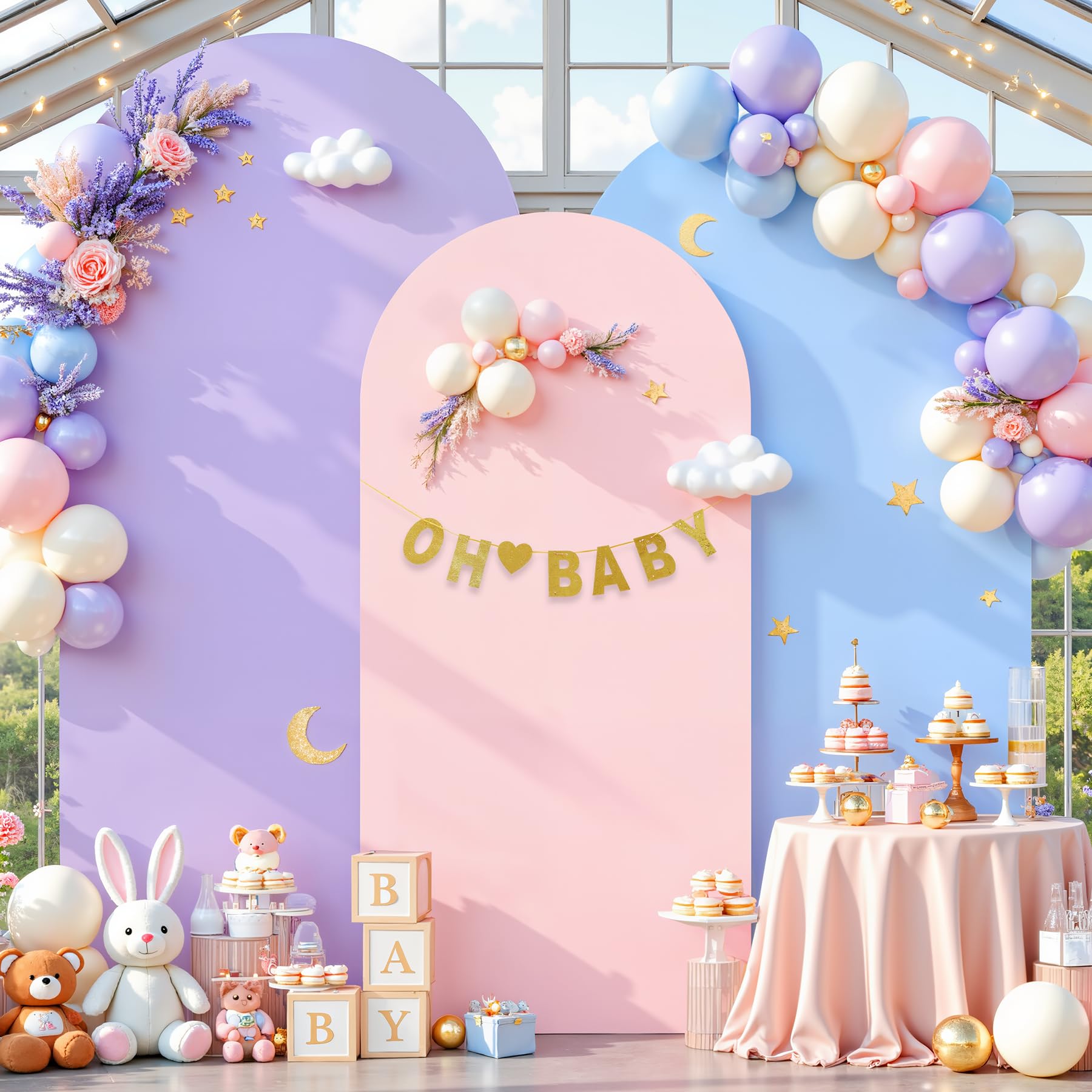 Photo 1 of Pink Blue Purple Arch Backdrop Cover Set of 3-6ft, 6.6ft, 7.2ft Arch Covers Stretchy Backdrop Spandex Arch Stand Covers for Birthday Party Baby Shower Wedding Bridal Shower Background Decorations