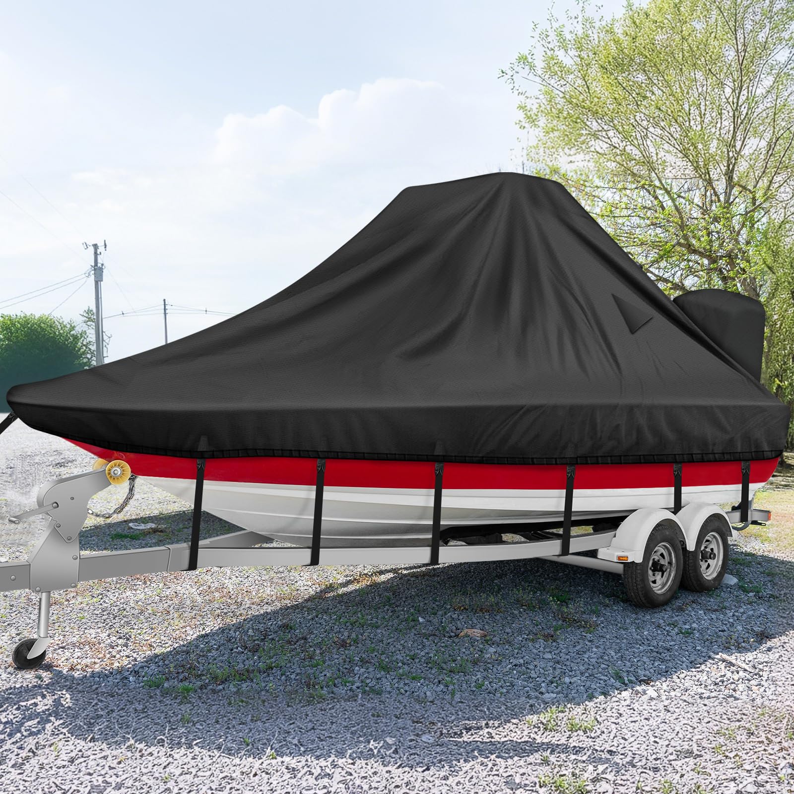 Photo 1 of 1200D Wake Tower Boat Cover,Heavy Duty Waterproof Wakeboard Boat Cover with Adjustable Metal Buckle,Fits 25ft - 27ft V-Hull Boats with Ski/Wakeboard Tower,Black