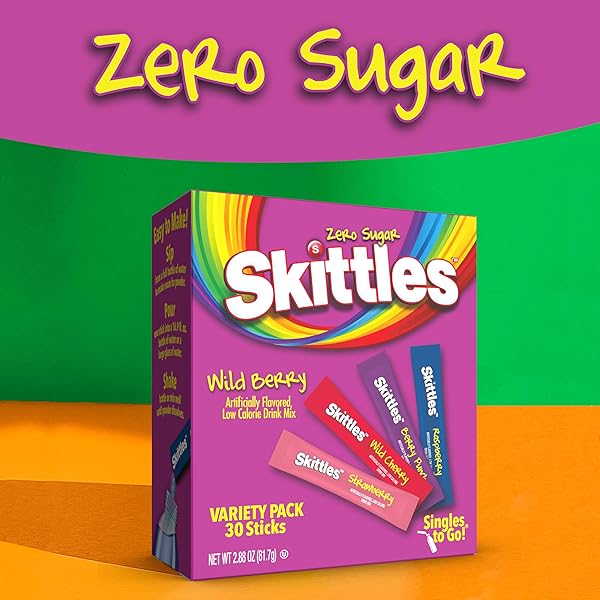 SKITTLES SINGLES TO GO WILD BERRY VARIETY PACK, WATERTOK POWDERED DRINK MIX, ZERO SUGAR, LOW CALORIE, INCLUDES 4 WILD BERRY FLAVORS, 1 BOX (30 SINGLE SERVINGS)