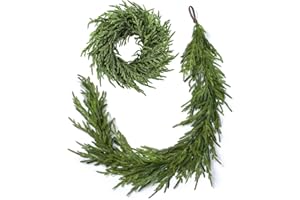 ENVEN Real Touch Norfolk Pine Christmas Garland and Wreath Set, 24IN Green Wreath and Christmas Garland Artificial Faux Greenery Norfolk Pine for Holiday Indoor Mantle Decor (6FT - 24IN)
