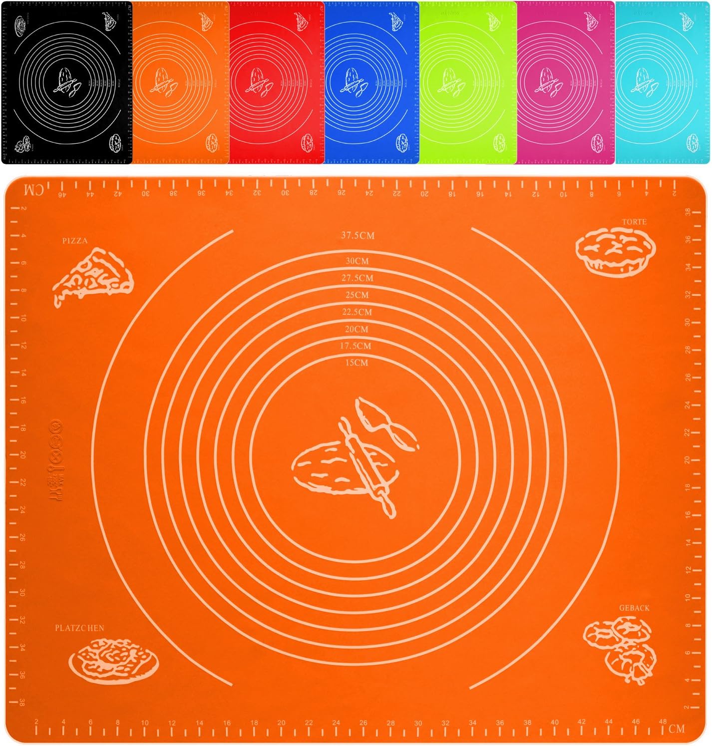 Belmalia Large Dough Mat, Silicone Rolling Mat, Heat Resistant, Baking Mat for Pizza, Fondant, Baking, Kitchen 50x40cm Orange