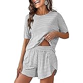 ANRABESS Womens Striped Pajamas Sets 2026 Summer 2 Piece Lounge Matching Short PJ Set Side Split Spring Sleepwear Outfits