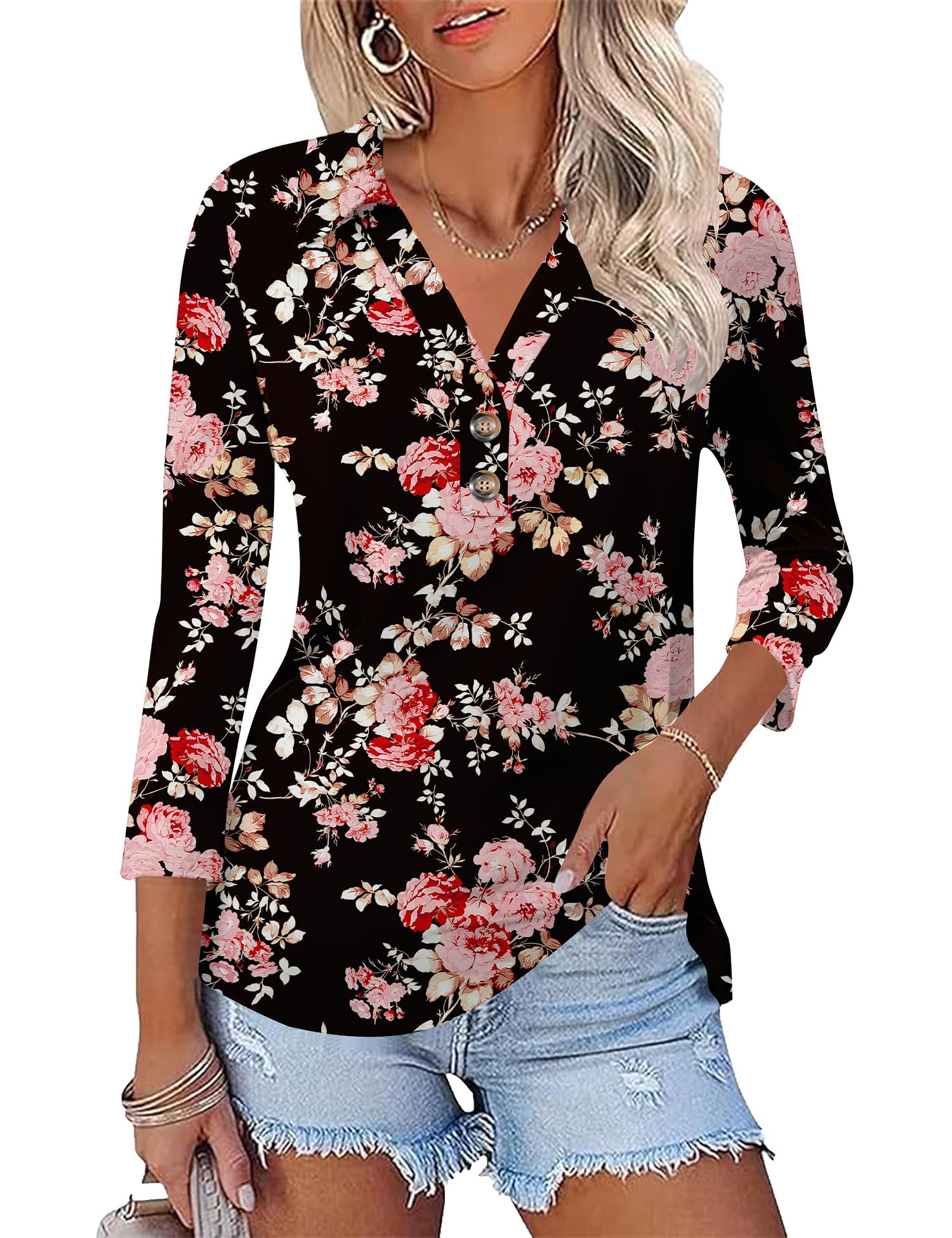 BTFBM Women's Boho Blouse - Floral Print Chiffon Long Sleeve Top, V-Neck, Lightweight For Summer & Fall