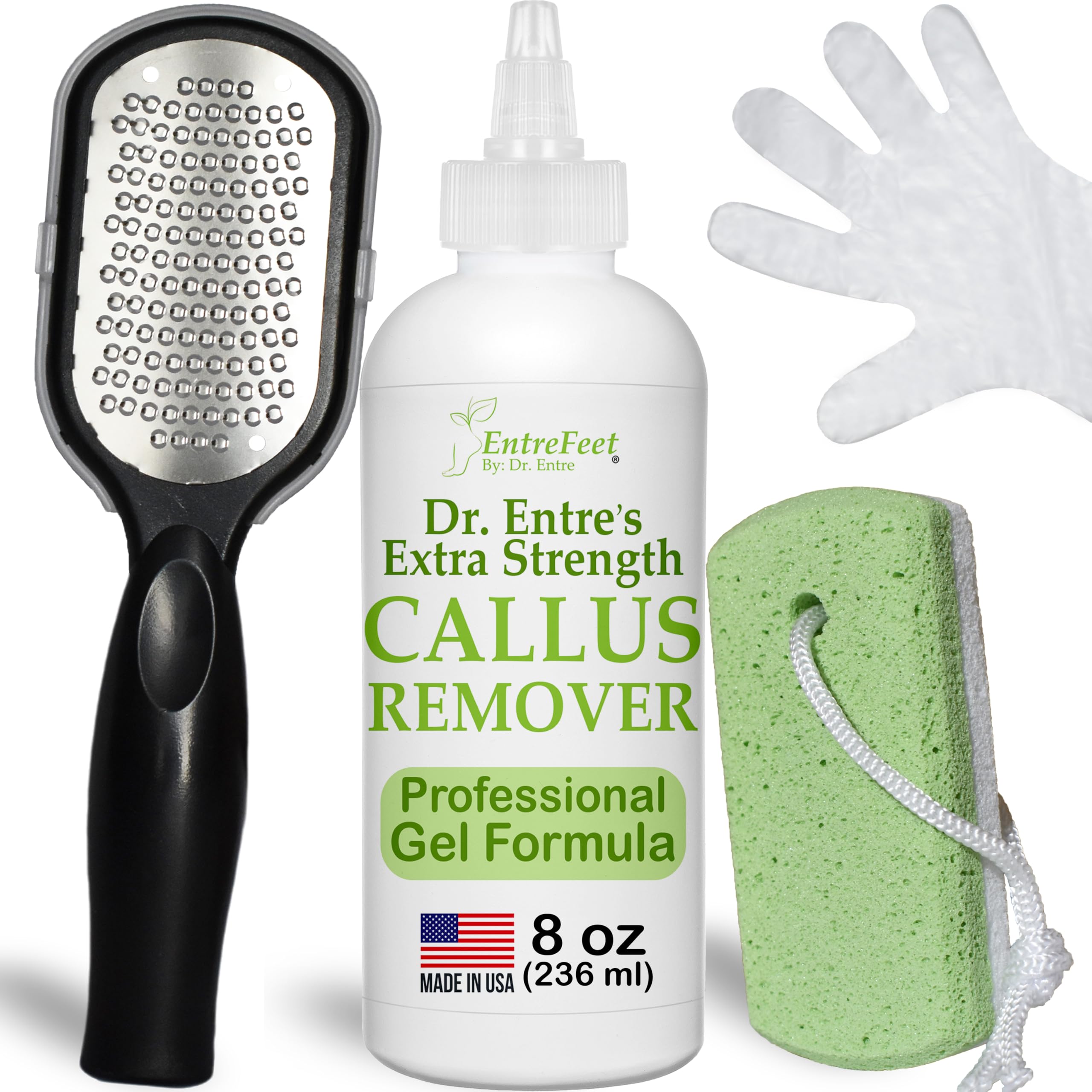 Dr. Entre's Callus & Corn Removal Kit for Feet: 8oz Callus Remover Gel, Foot File, Pumice Stone, 5 Glove Pairs for Gel Application, Spa Kit, Foot Care, Pedicure Tools, Scrubber