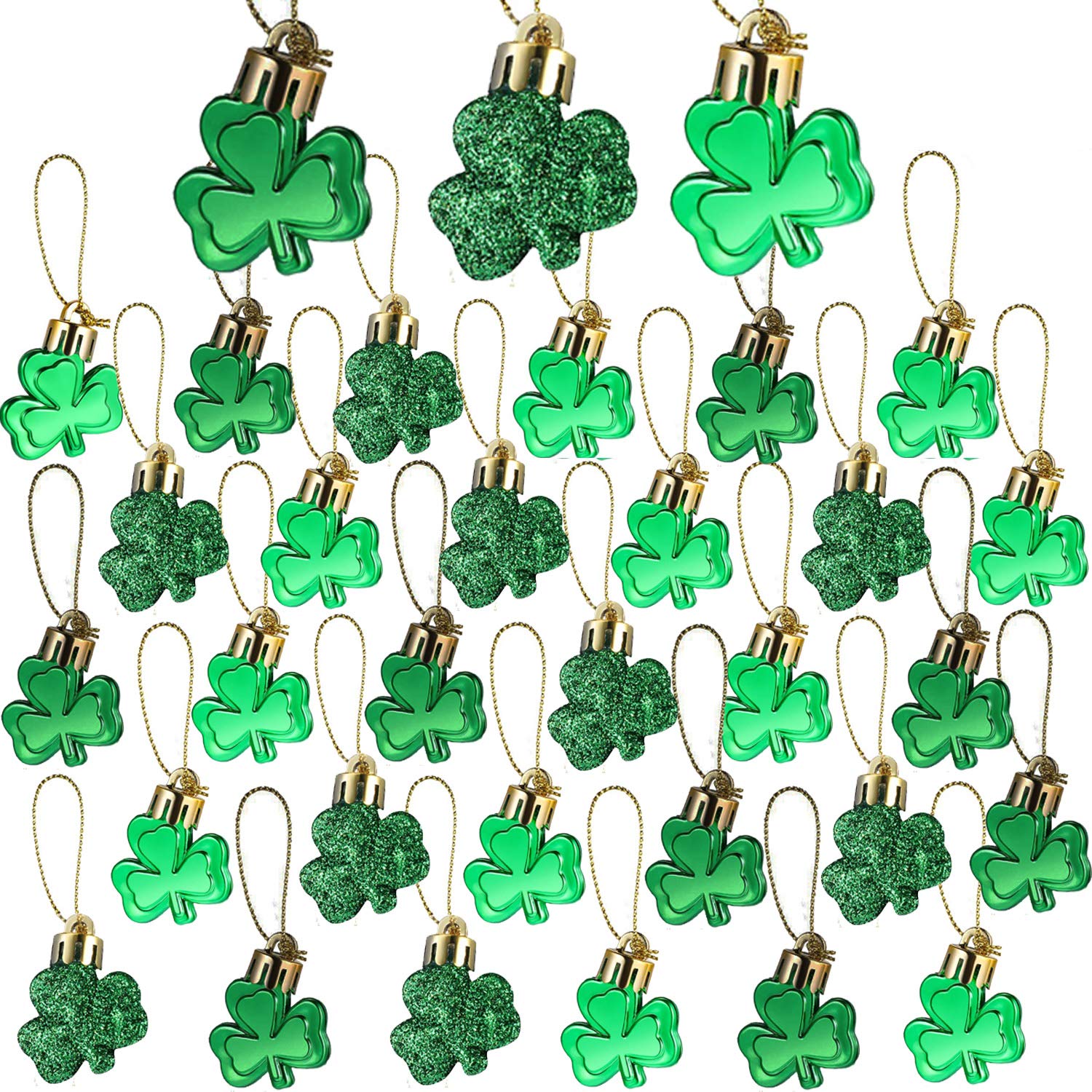 Photo 1 of 30 PCS St. Patrick's Day Shamrocks Ornament Set, Good Luck Clover Hanging Bauble Trefoil Pendant Decoration for Keyring Tree Shelf Home Decor Irish Festival, 3 Style