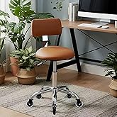 Rolling Stool Chair with Wheels, Office Drafting Chair with Back Support, Height Adjustable Standing Desk Stool with PU Leather Cushion for Home Office Kitchen Vanity Spa Garage Tattoo Dentist(Camel)