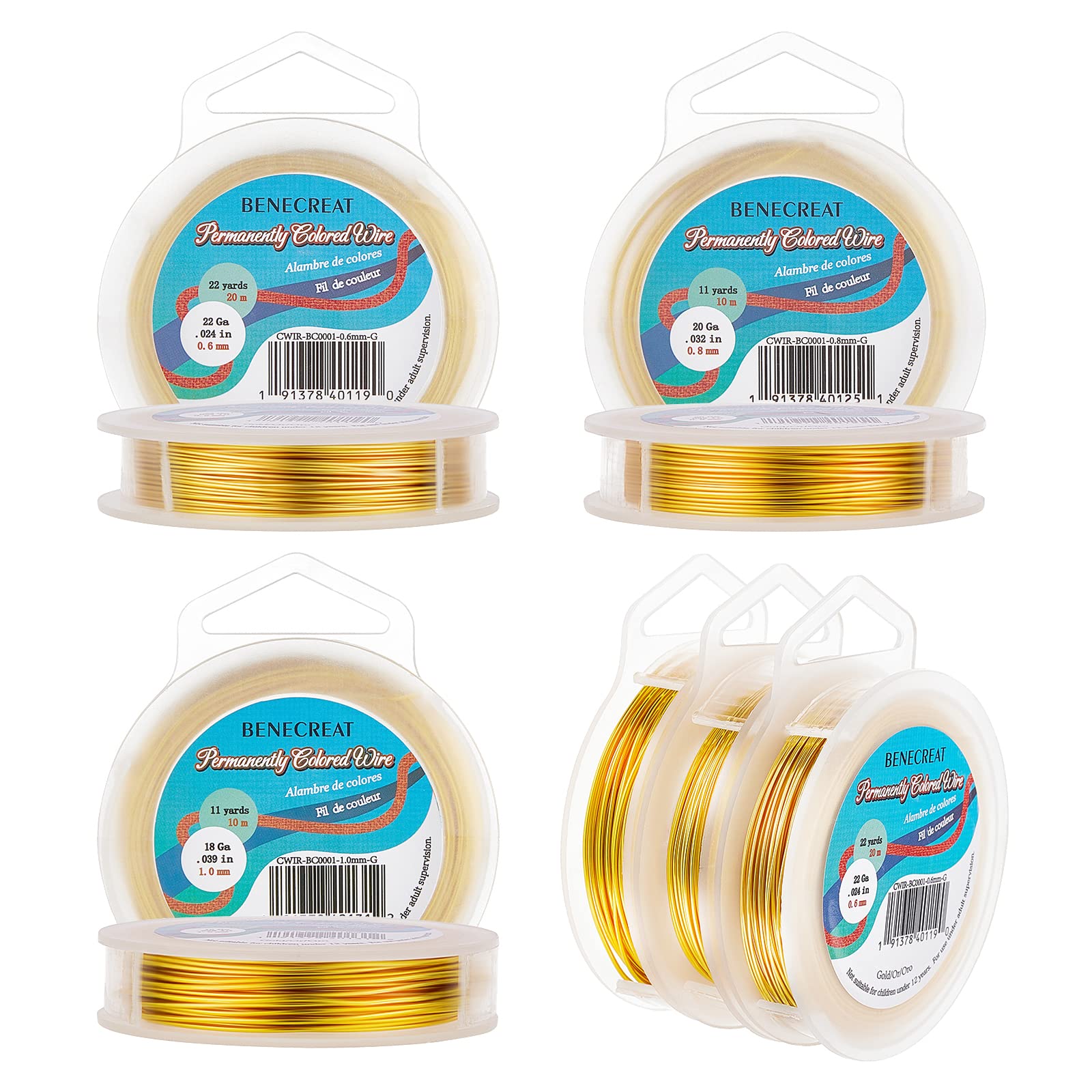 BENECREAT 3 Rolls 18Gauge/20Gauge/22Gauge (1mm/0.8mm/0.6mm) Tarnish Resistant Gold Coil Wire Jewelry Making Copper Wire, 10m/10m/20m