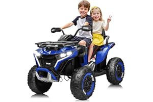 ANRLI 24V Ride on Car, Kids ATV XL Four Wheeler w/EVA Tire, 19-Inch Leather 2 Seater, 4X200W Motor, Remote Control, Knee Pad＆Flower, 24 Volt Ride on Toys Electric Quad for Big Kids, Blue