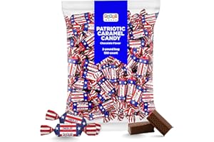 PartyWorks Patriotic Candy - 2 Pound Pack (About 150 Count) - Chocolate Flavored Caramels - Fourth of July Candy Bulk - Individually Wrapped Red White Blue Taffies