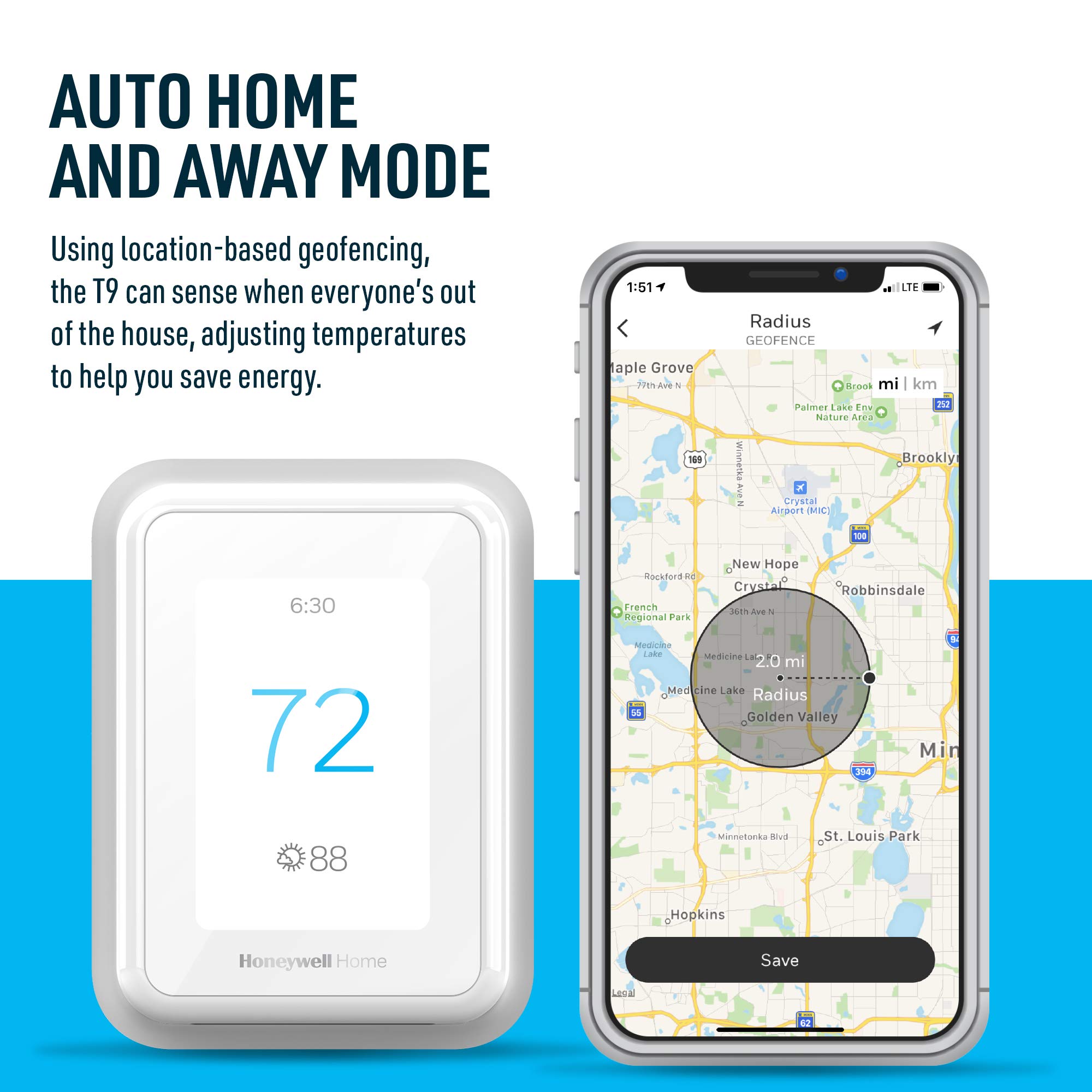 Honeywell Home T9 WIFI Smart Thermostat, Smart Room Sensor Ready, Touchscreen Display, Alexa and Google Assist - View 10