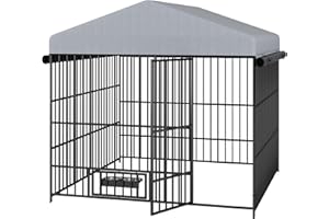 RITSU Outdoor Large Dog Kennel with Bowls, Metal Pet Pens Dogs Enclosure Animal Hutch Run Chain Link Coop Fence House w/Waterproof Cover Roof, 6.6' x 6.6' x 6.4' Inch, Black