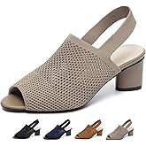Women's Knit Peep Toe Chunky Block Heeled Sandals with Ankle Strap Fashion Hollow Pointed Toe Elastic Slingback Slip On High Heels Summer Casual Work Office Wedding Dressy Pumps