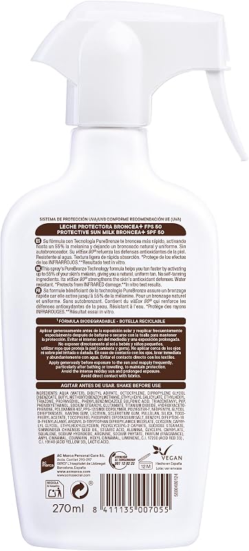 Ecran Sunnique Sunnique Protetor Solar Leite Tanning+ FPS 50 Alto UVB + UVA e IR-A Proteção Spray Ativa Bronzeamento Natural, Sem Autobronzeador, com Tecnologia PureBronze, Resistente à Água - 270 ml