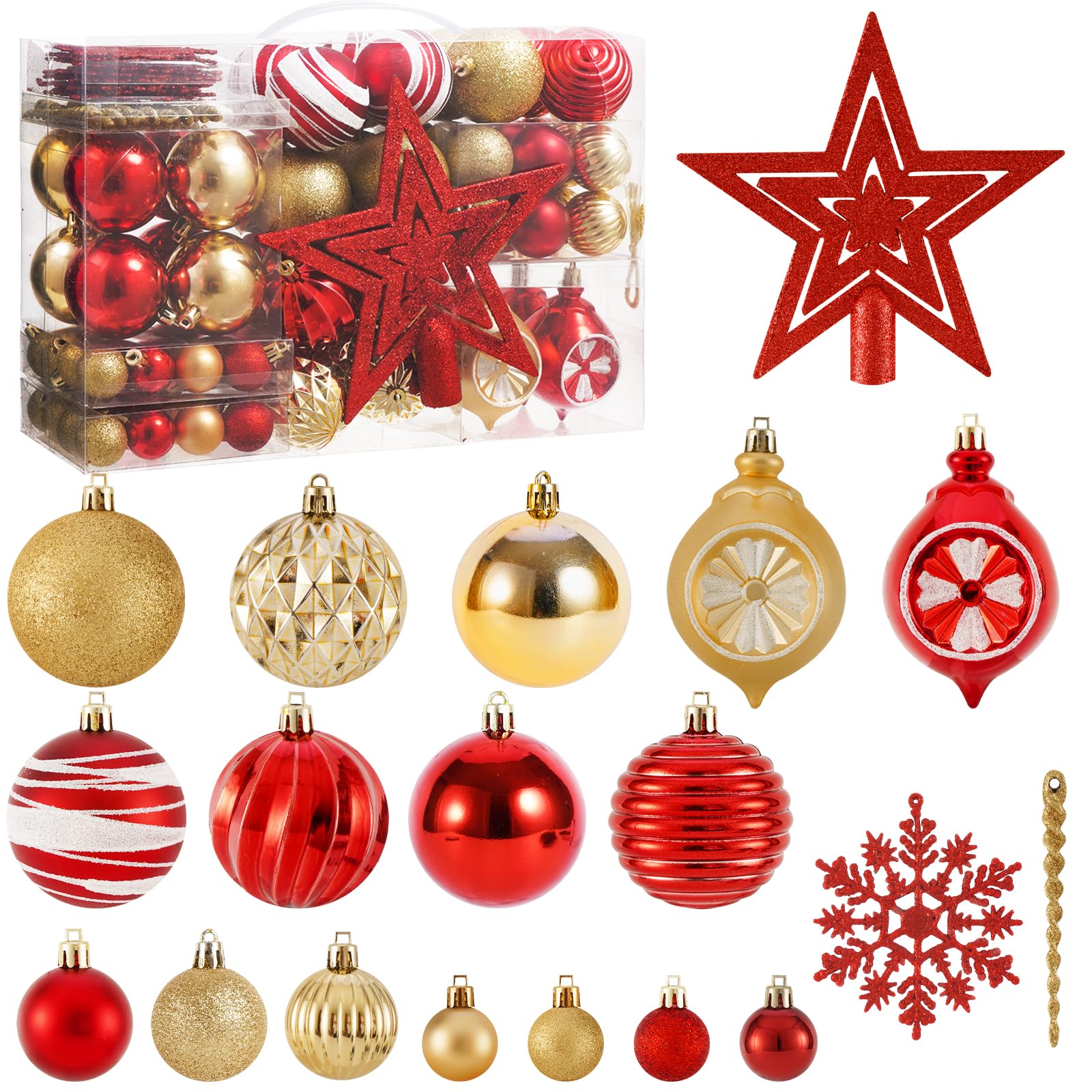 Photo 1 of 100PCS Christmas Tree Balls Ornaments Set with Topper, Red+Gold Shatterproof Hanging Christmas Tree Decorations