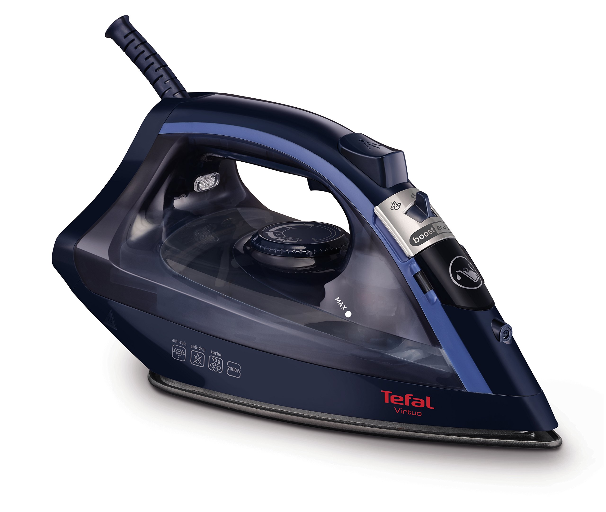 Tefal Virtuo, Steam Iron, 90g Steam Boost, 24 g/min Continuous Steam, 200 ml Water Tank, Non-Stick PTFE Soleplate, 2000W, Black & Blue, FV1713