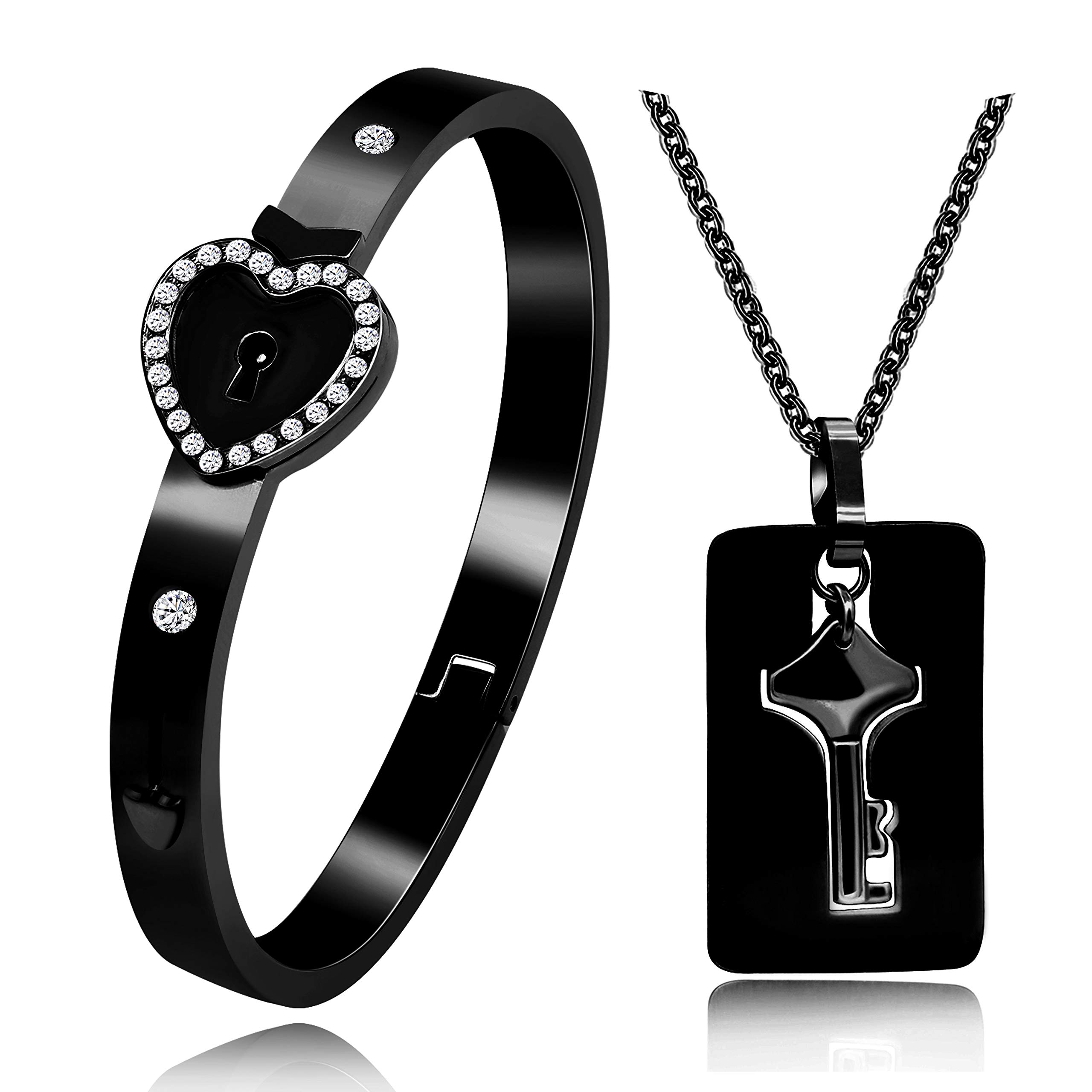 Uloveido Black Stainless Steel CZ Pave Heart Lock Bracelet Bangle & Shield Key Necklace Couples Jewelry Gifts for Boyfriend Girlfriend Y474-Black