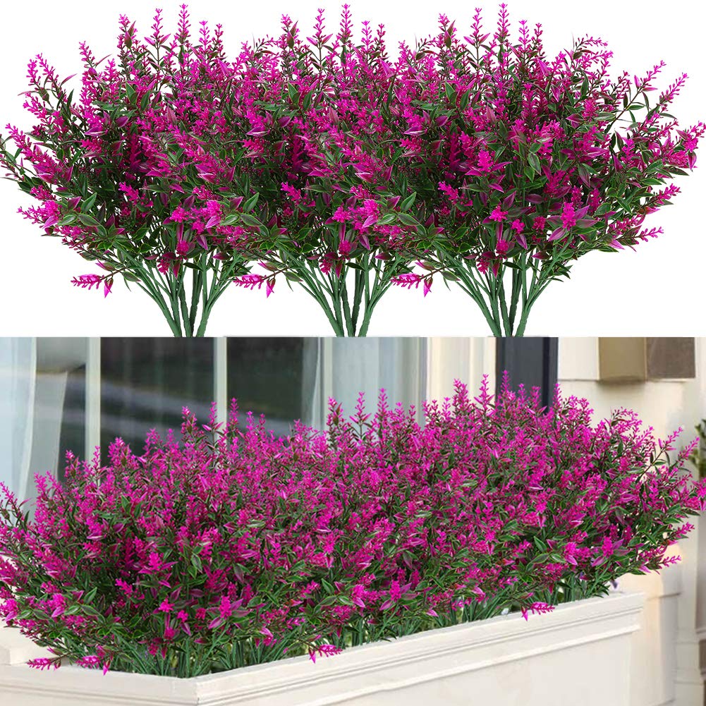 ArtBloom 24 Bundles Outdoor Artificial Lavender Fake Flowers UV Resistant Shrubs Plants, No Fade Faux Plastic Greenery for Hanging Plants Garden Porch Window Box Home Wedding Farmhouse Decor (Fuchsia)