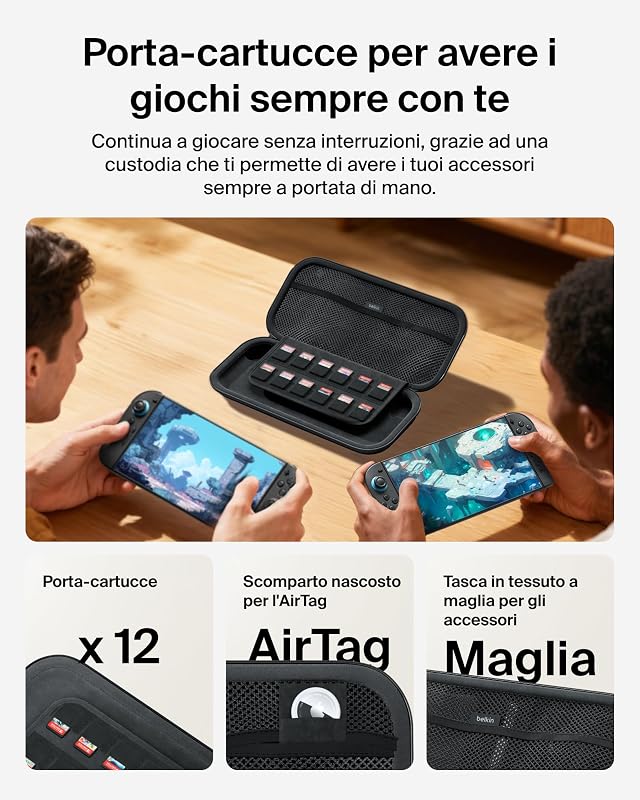 Gaming Custodia per Nintendo Switch 2, Slot AirTag, Viaggi, Carbone