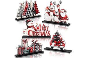 Huwena 5 Pcs Christmas Table Decorations Wooden Christmas Table Centerpieces Joy Sign Snowman Reindeer Gloves Signs for Winter Holiday Snow Xmas Dinner Coffee Tier Tray Decor (Retro,Black)