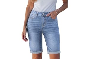 luvamia Bermuda Jean Shorts for Women Knee Length High Waisted Trendy Cuffed Hem Long Stretchy Denim Shorts Summer Jorts